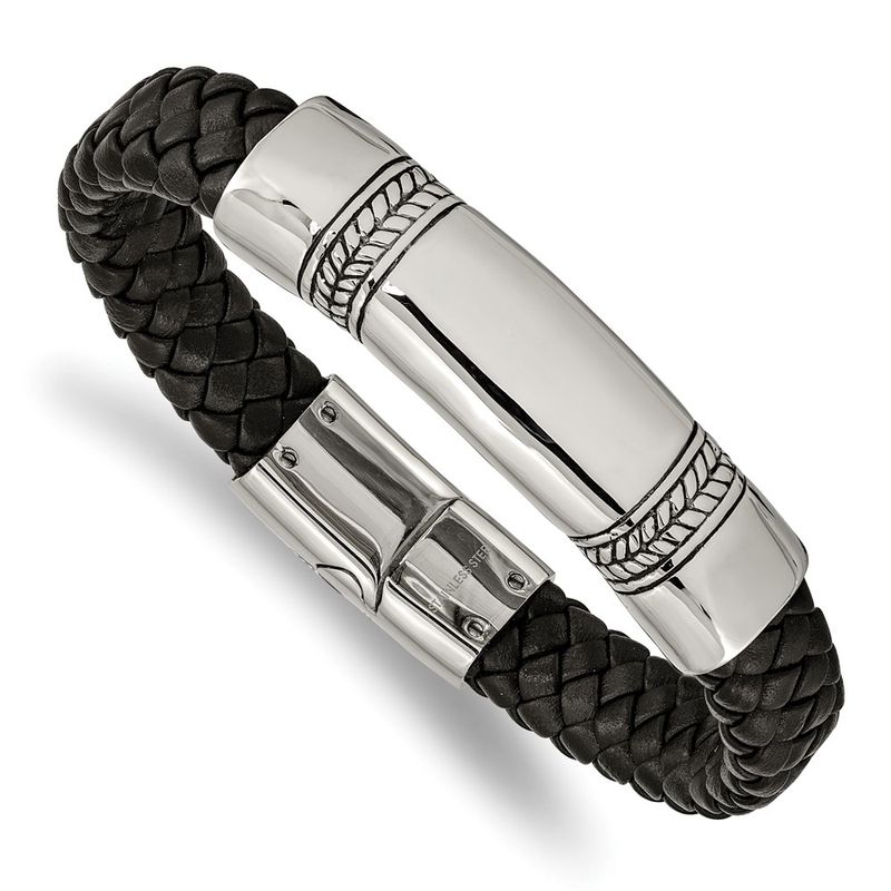 Kazi Luxury Steel Antiqued Polished Braided Black Leather 825in Id Bracelet 104$